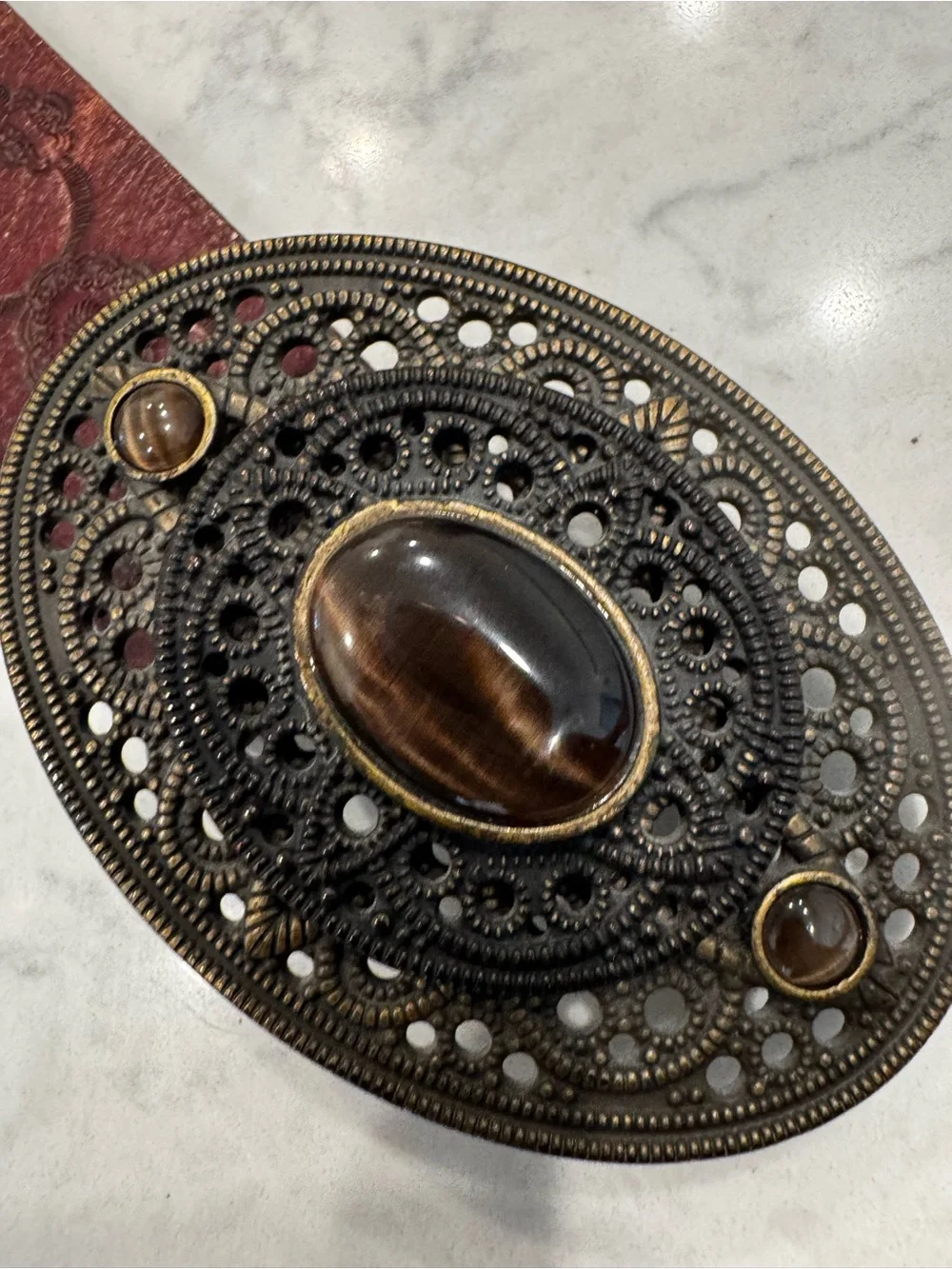Fossil Brown Leather Belt L Embossed Boho Western Statement Buckle